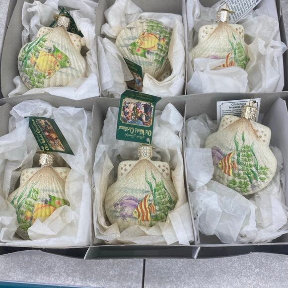 Old World Christmas Scallop Shell Design Fish Scene Christmas Ornaments Set of 6 - Picture 5 of 12